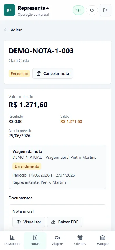 Tela mobile do Representa+ com nota em campo