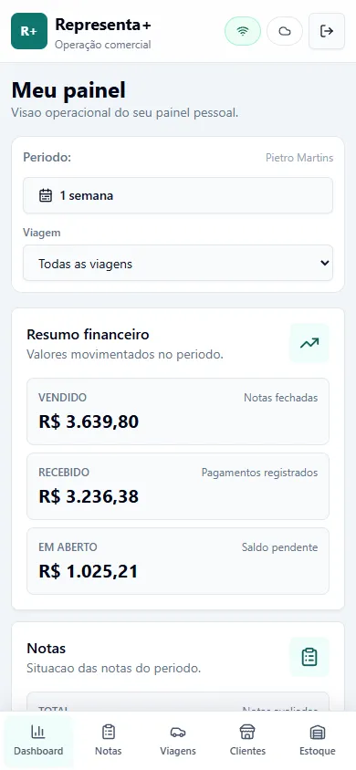 Tela mobile do Representa+ com painel do representante